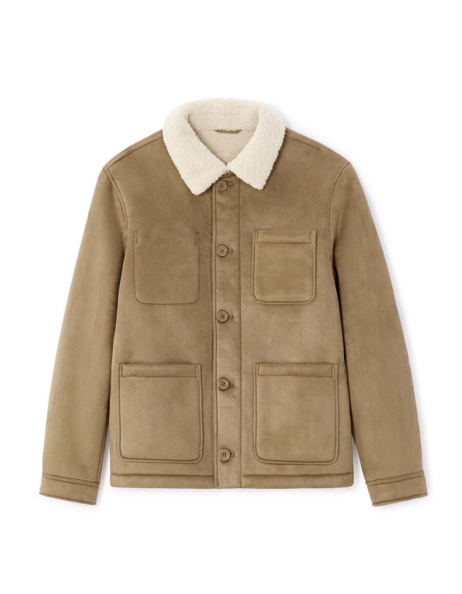 arbeitsjacke aus taupefarbenem wildlederimitat mit sherpa-futter