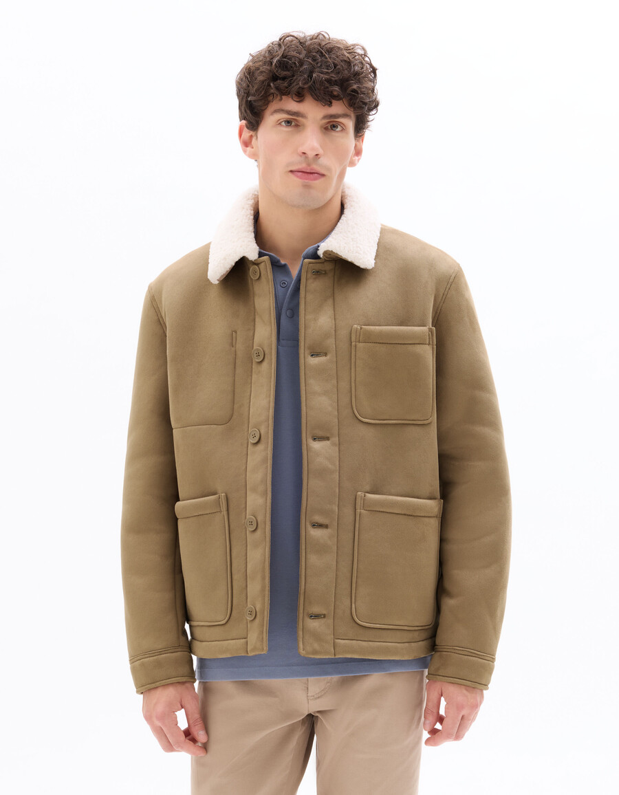 arbeitsjacke aus taupefarbenem wildlederimitat mit sherpa-futter