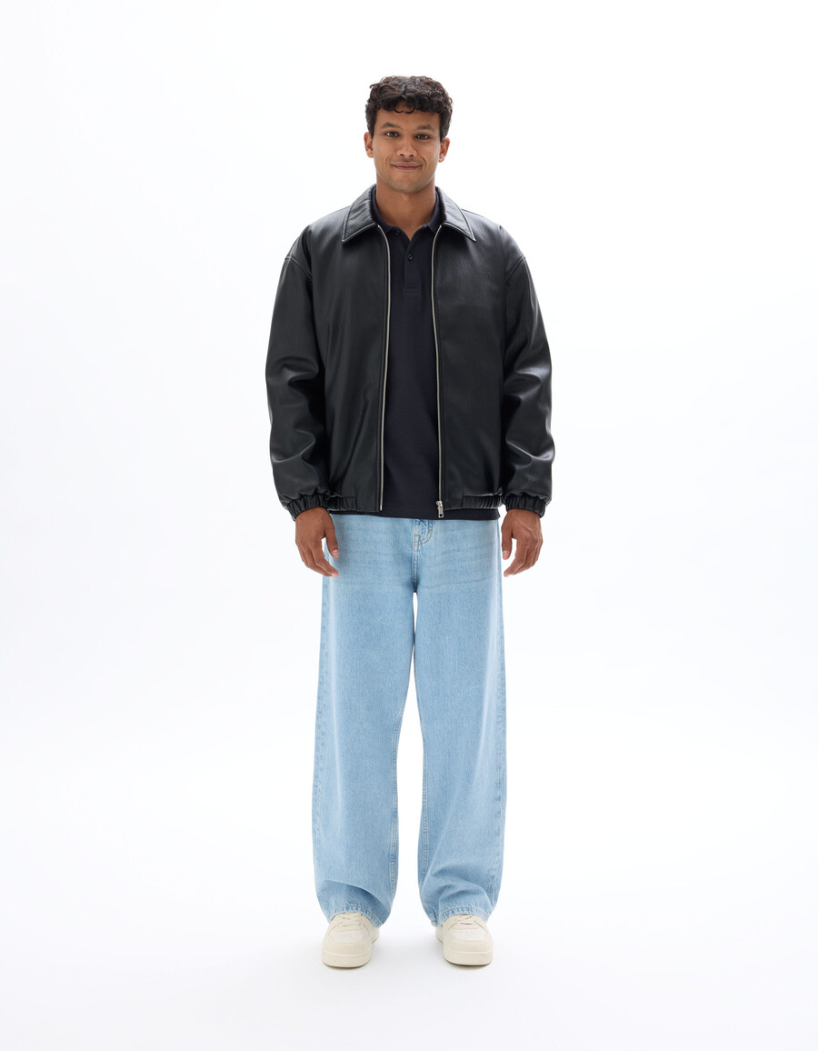 schwarze jacke mit hemdkragen aus wildlederimitat