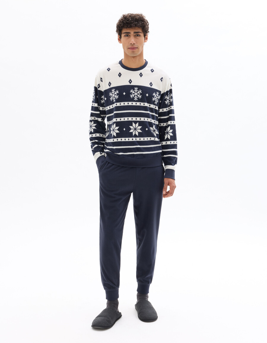 marineblauer weihnachts-schneeflocken-fleece-pyjama
