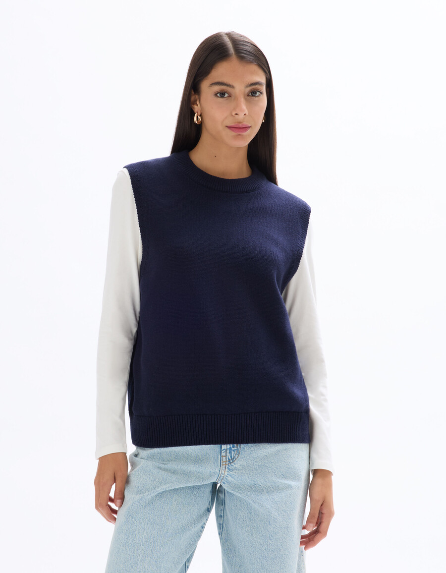 marineblauer ärmelloser pullover mit rundhalsausschnitt