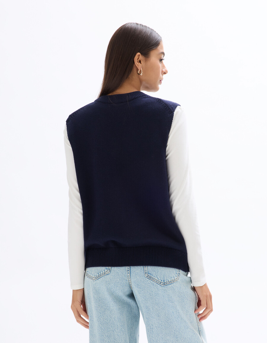 marineblauer ärmelloser pullover mit rundhalsausschnitt