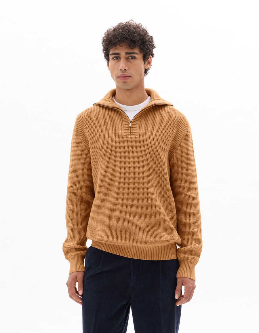 waffelstrickpullover mit reißverschluss am kragen und lockerer passform