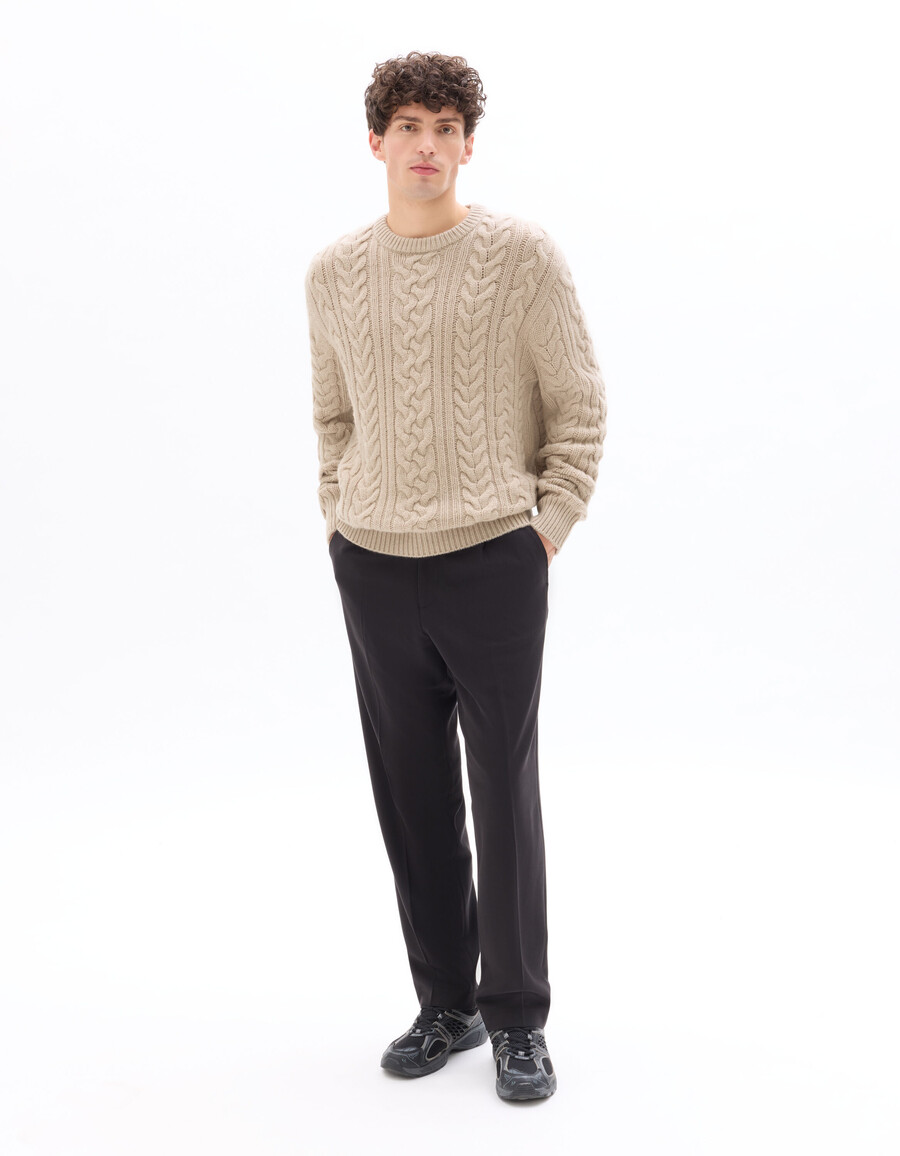 zopfstrickpullover mit rundhalsausschnitt aus wollmischung
