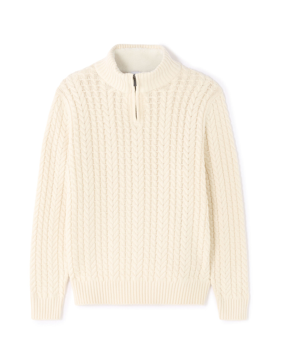 zopfstrickpullover mit hohem kragen und sherpa-futter