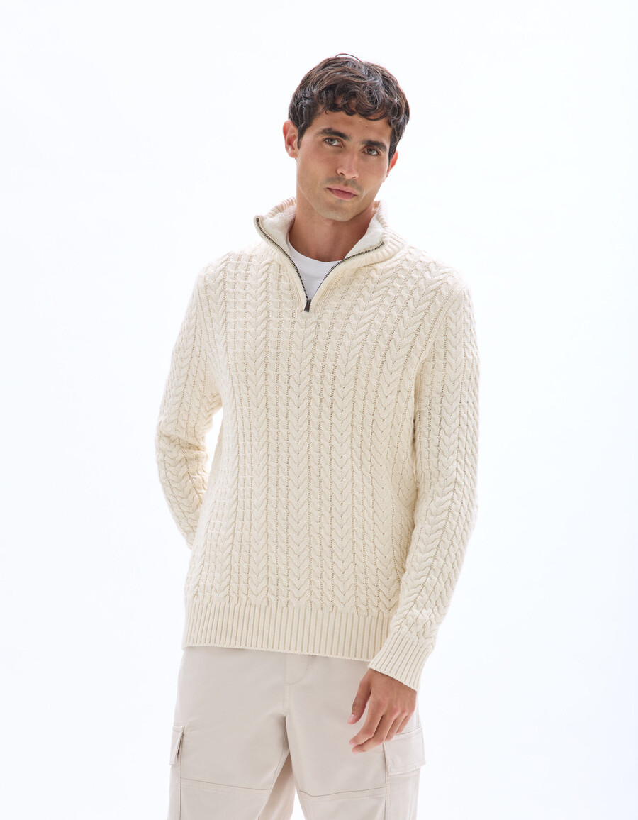 zopfstrickpullover mit hohem kragen und sherpa-futter