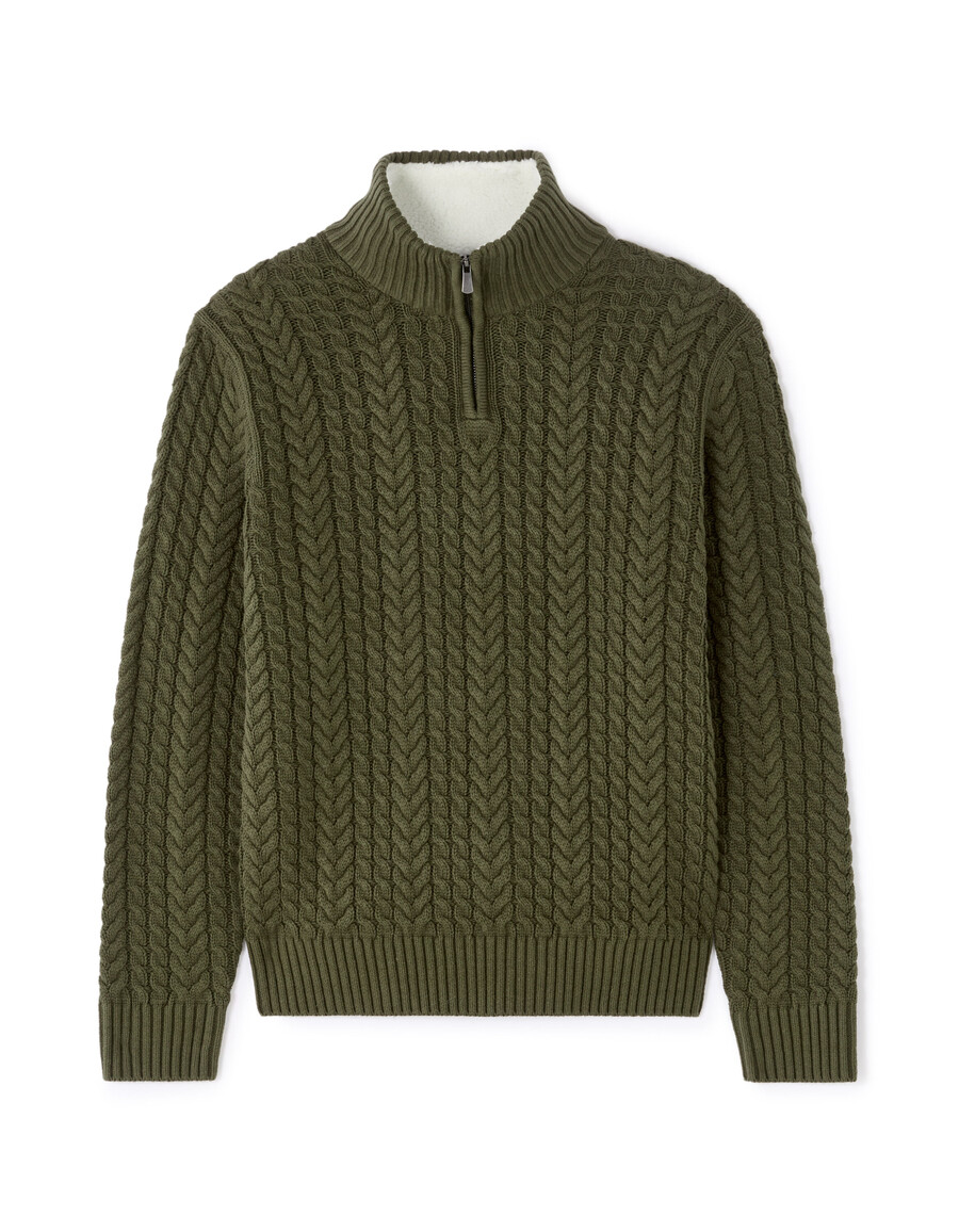 zopfstrickpullover mit hohem kragen und sherpa-futter