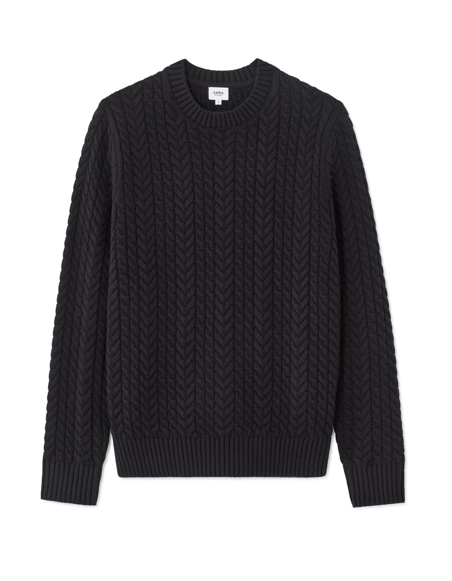 schwarzer zopfstrickpullover mit rundhalsausschnitt aus baumwollmischung