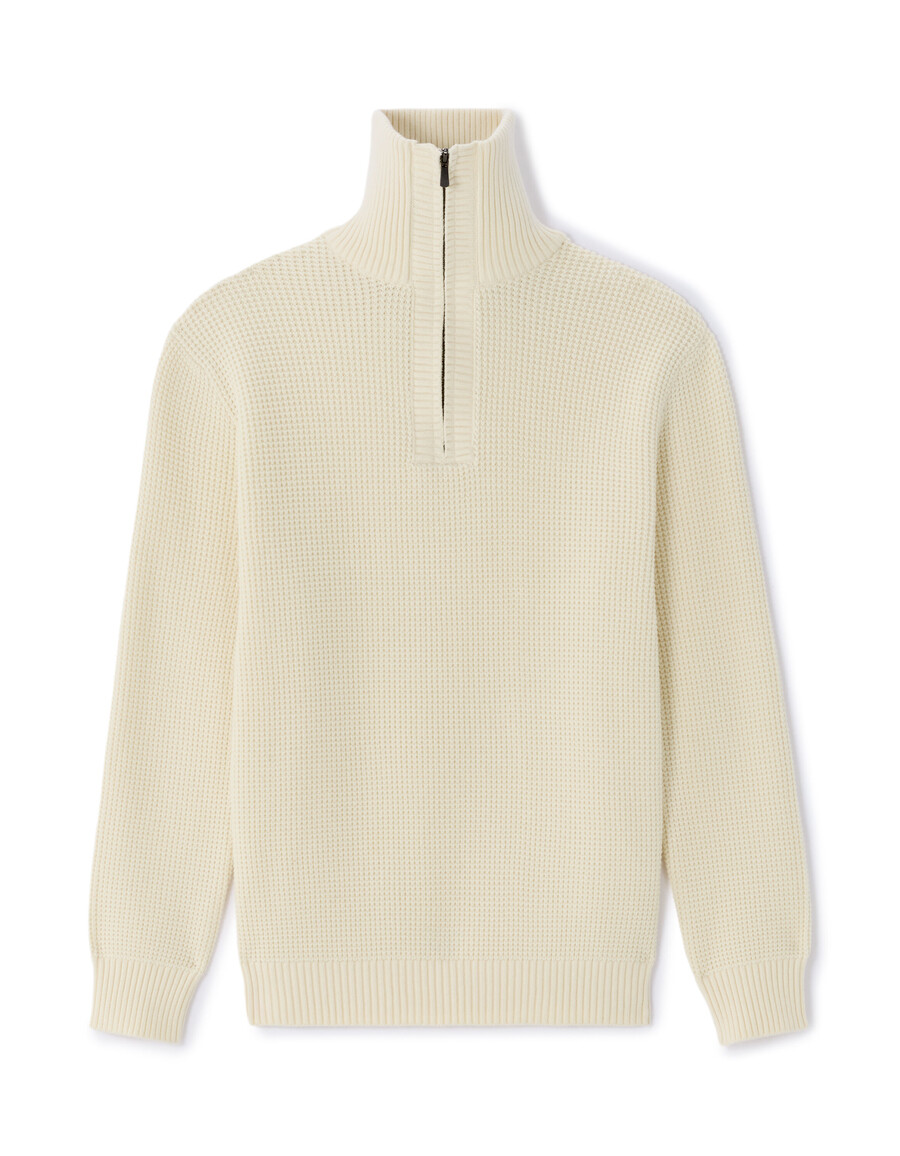 lässiger waffelstrickpullover mit reißverschluss am kragen