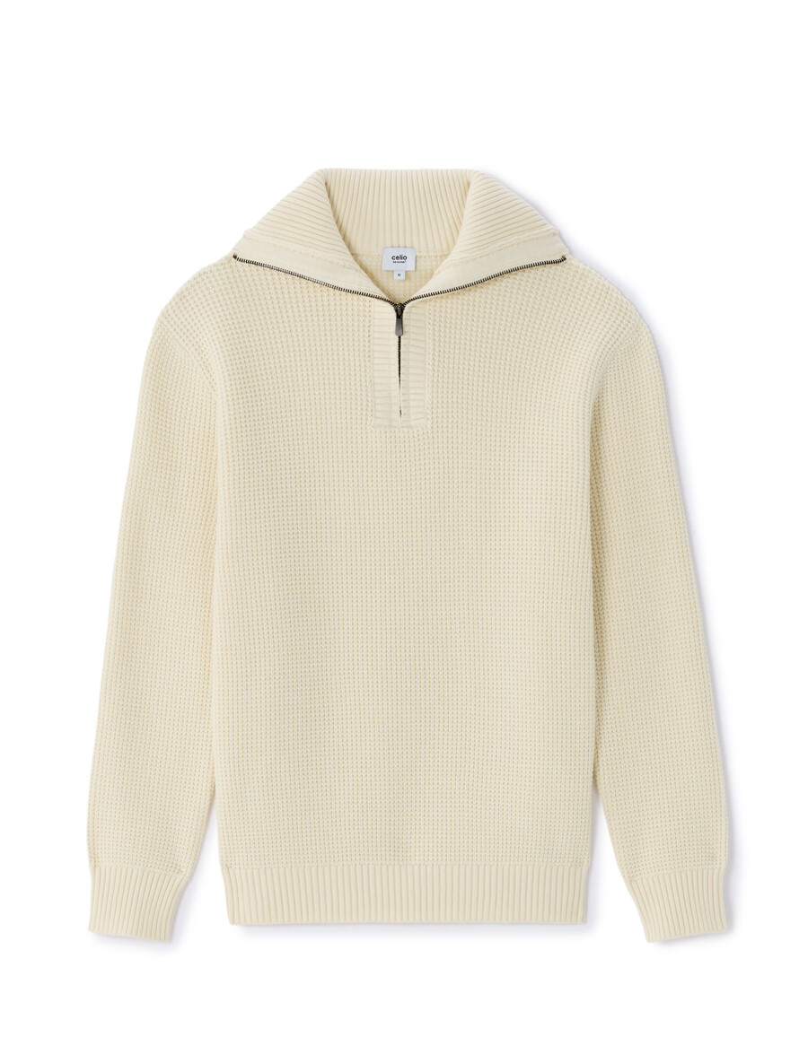 lässiger waffelstrickpullover mit reißverschluss am kragen