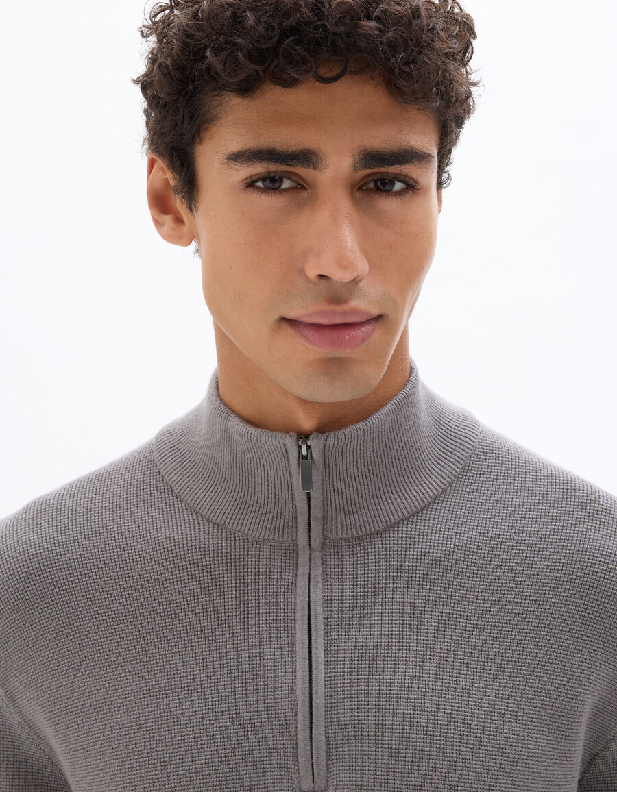 regular fit pullover mit reißverschluss am kragen aus mikrowaffelgewebe