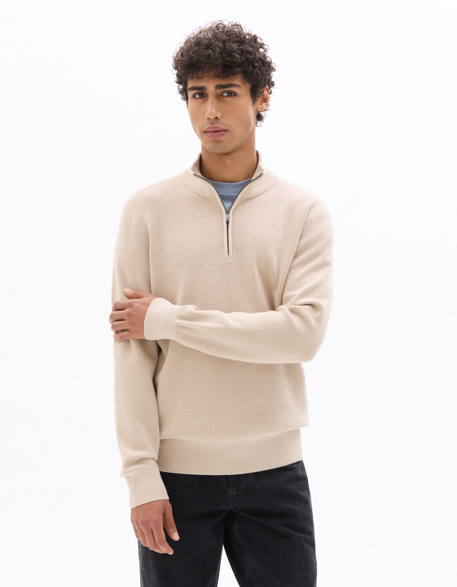 regular fit pullover mit reißverschluss am kragen aus mikrowaffelgewebe