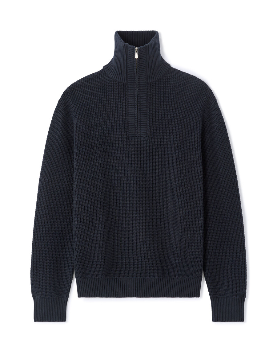 lässiger waffelstrickpullover mit reißverschluss am kragen
