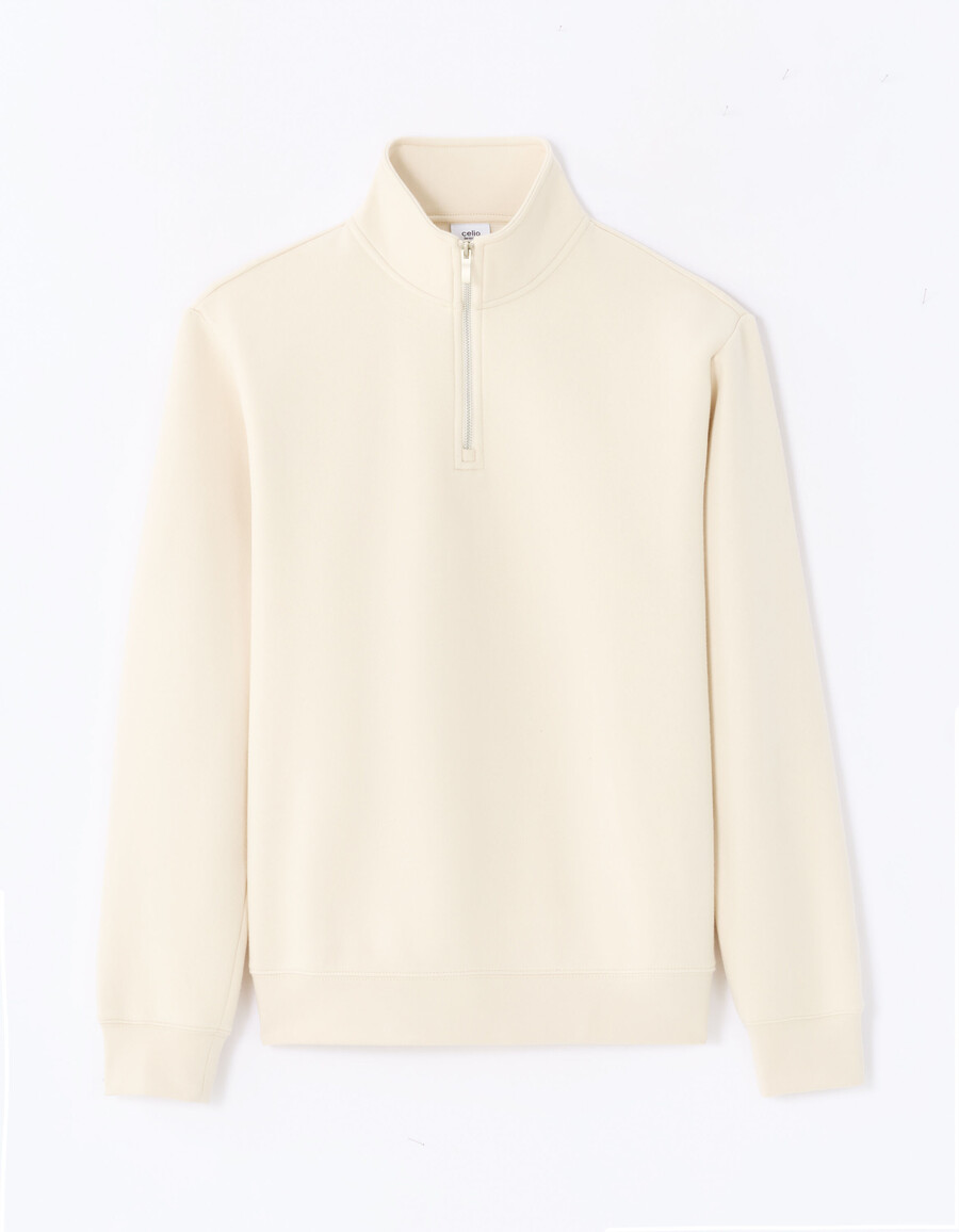 regular fit schlichtes ecrufarbenes sweatshirt mit halbem reißverschluss