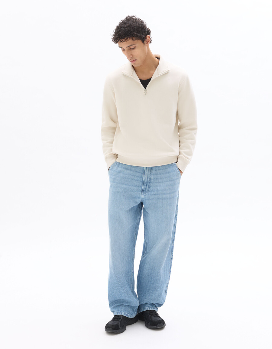 regular fit schlichtes ecrufarbenes sweatshirt mit halbem reißverschluss