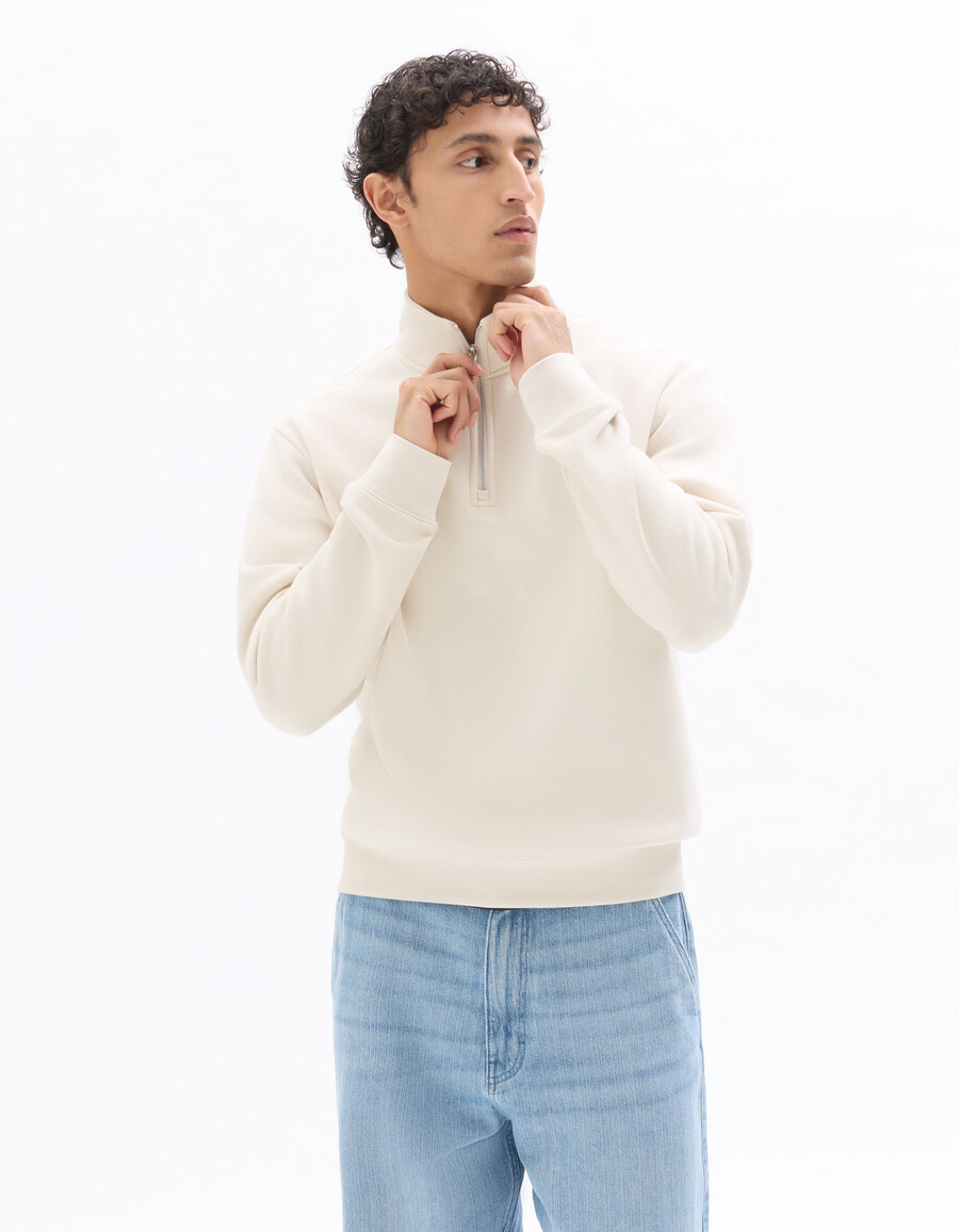 regular fit schlichtes ecrufarbenes sweatshirt mit halbem reißverschluss