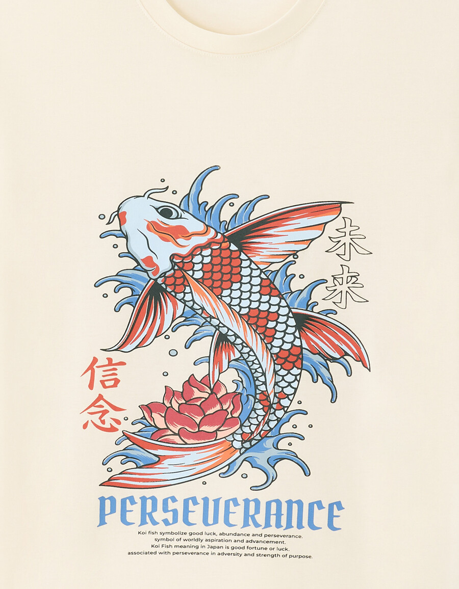 normal geschnittenes t-shirt mit rundhalsausschnitt 100 baumwolle asiatischer print