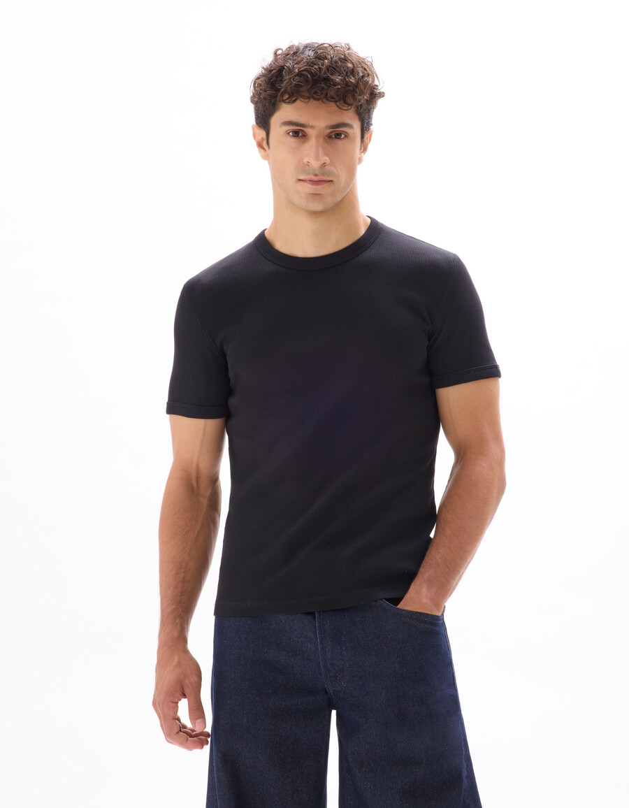 schmal geschnittenes t-shirt aus gerippter stretch-baumwolle mit rundhalsausschnitt
